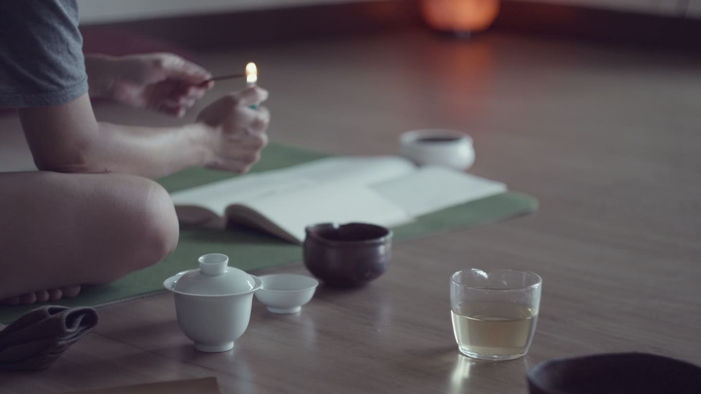 meditative Gongfu tea session with burning incense