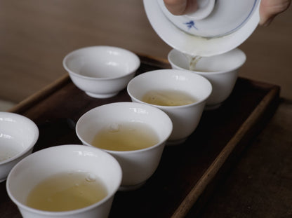 pouring naturally farmed oolong tea from gaiwan into porcelain cups