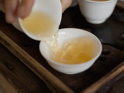 pouring naturally farmed Ruby Red Jade oolong tea into white porcelain cup