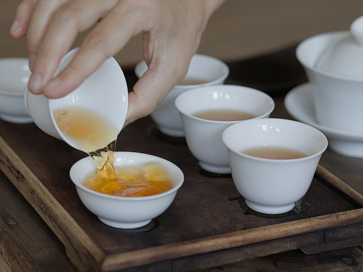 pouring organic Shan Yun black tea into white porcelain cup