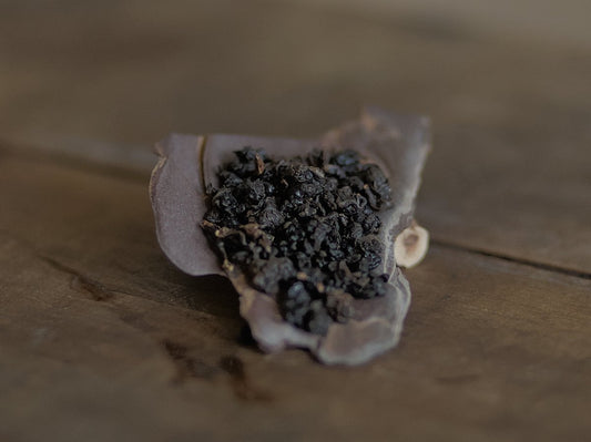 organic Shan Yun black tea leaves sitting on a wooden scoop