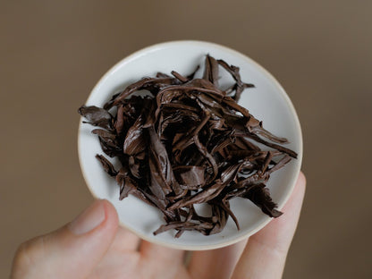 spent naturally farmed Ruby Red Jade black tea leaves on a lid of a gaiwan