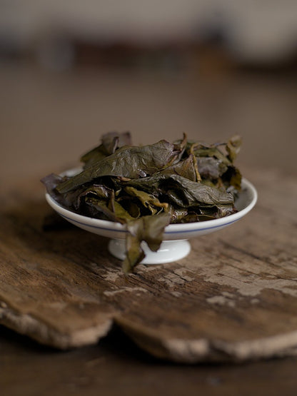 spent naturally farmed Tieguanyin oolong tea leaves sitting on lid of gaiwan on a wooden board