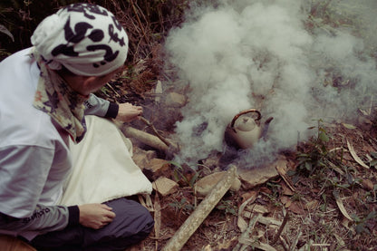 taiwanese tea master brewing tea in mountains