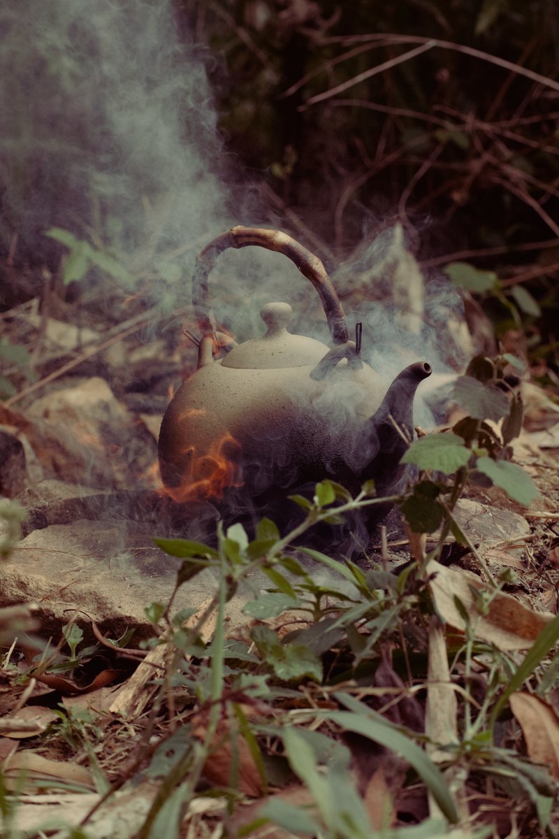 wood fired tea kettle on forest ground in taiwan